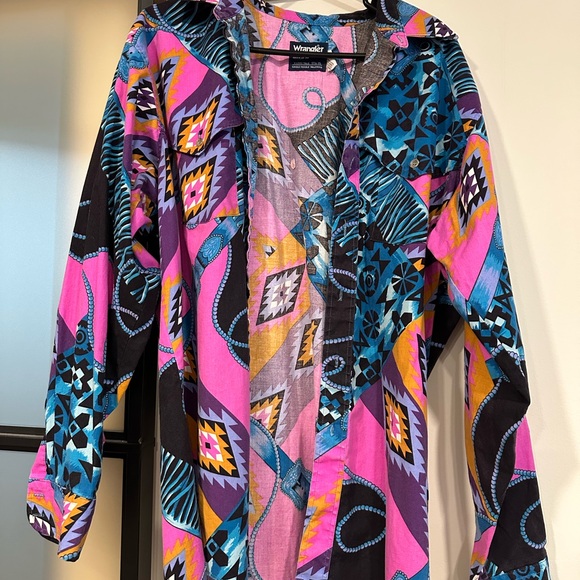 Wrangler Tops - Wrangler Pink and Blue Oversized Graphic Button Down Shirt